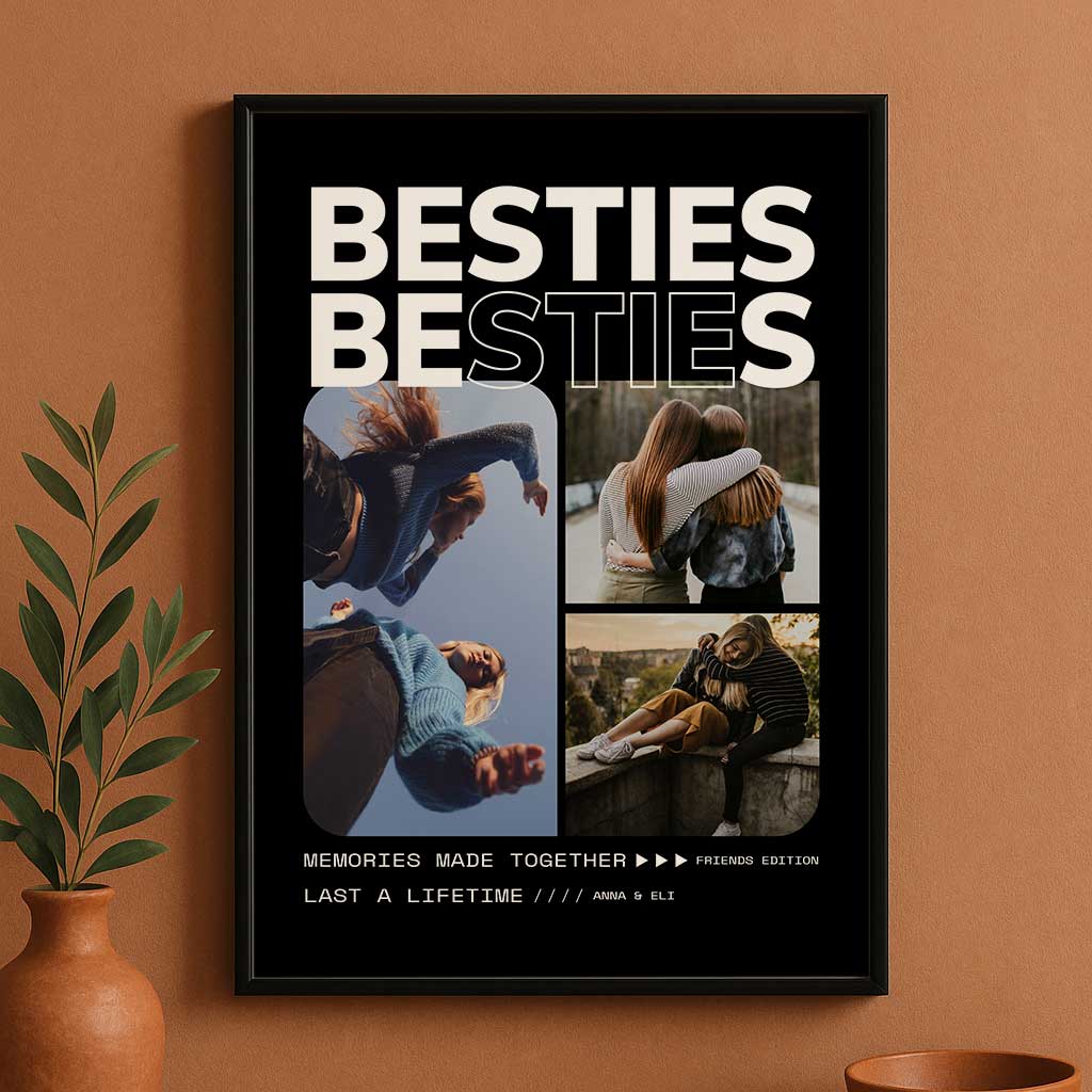 Fotoposter Bestie - Personalisiertes Geschenk für beste Freundin mit drei Bildern im Polaroid-Stil