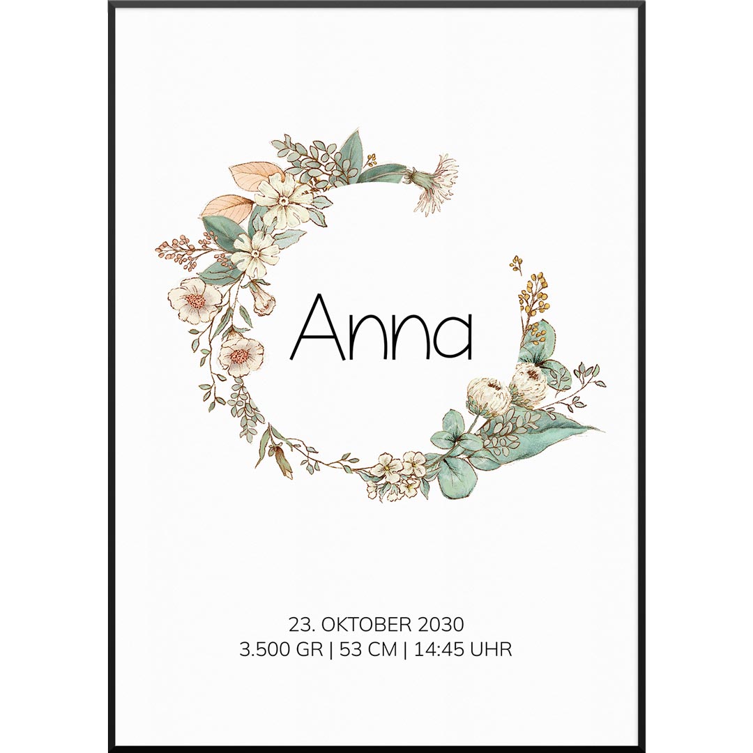 geburtsposter kind blumenkranz