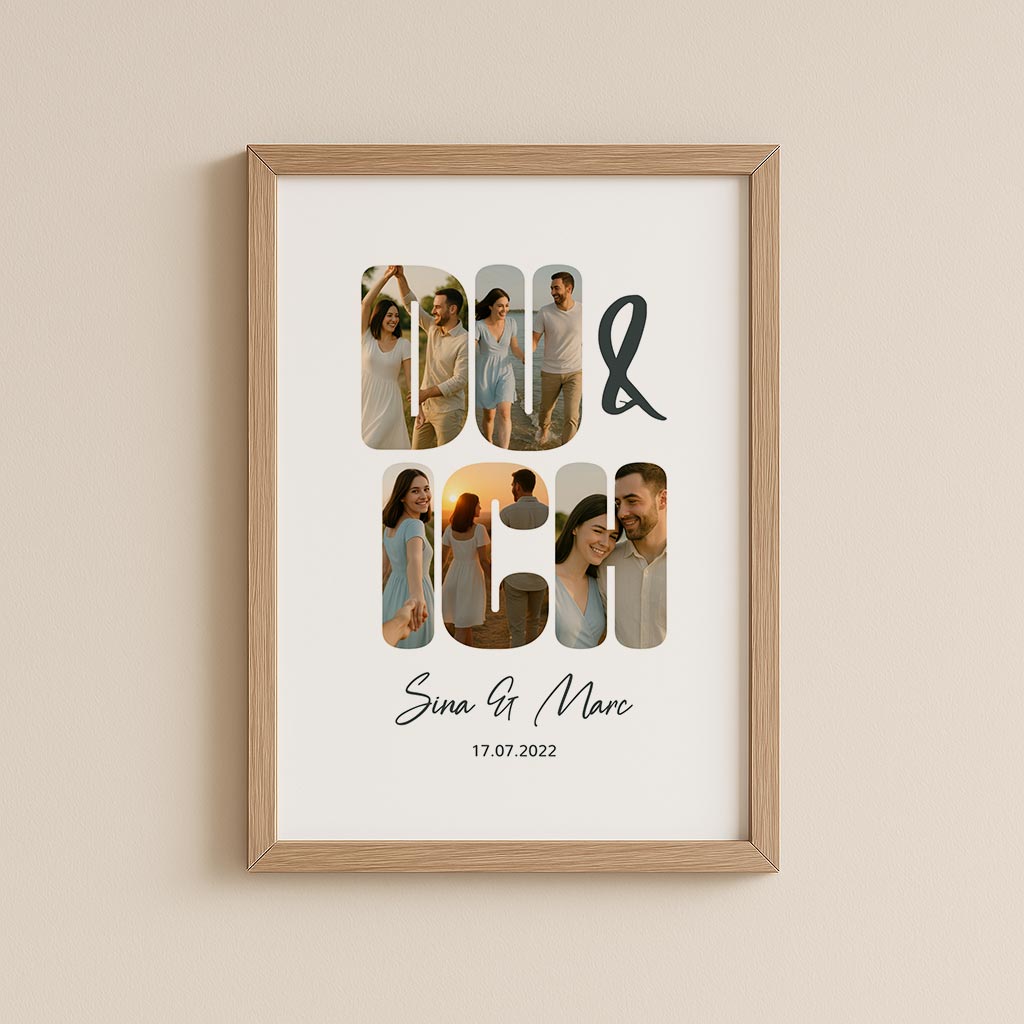 Personalisierte Fotocollage "Du & Ich" mit 5 Fotos in Holzrahmen an Wand