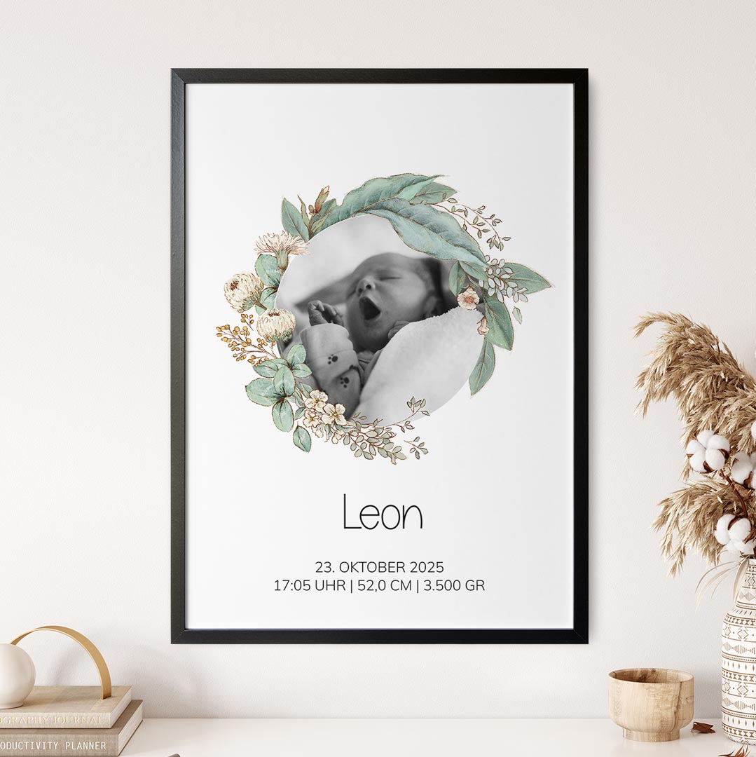 geburtsposter blumenkranz