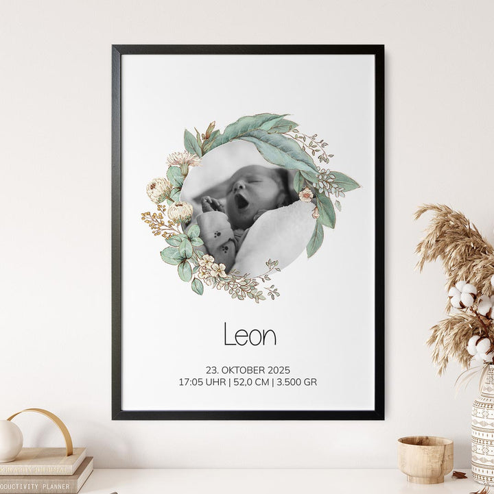 geburtsposter blumenkranz