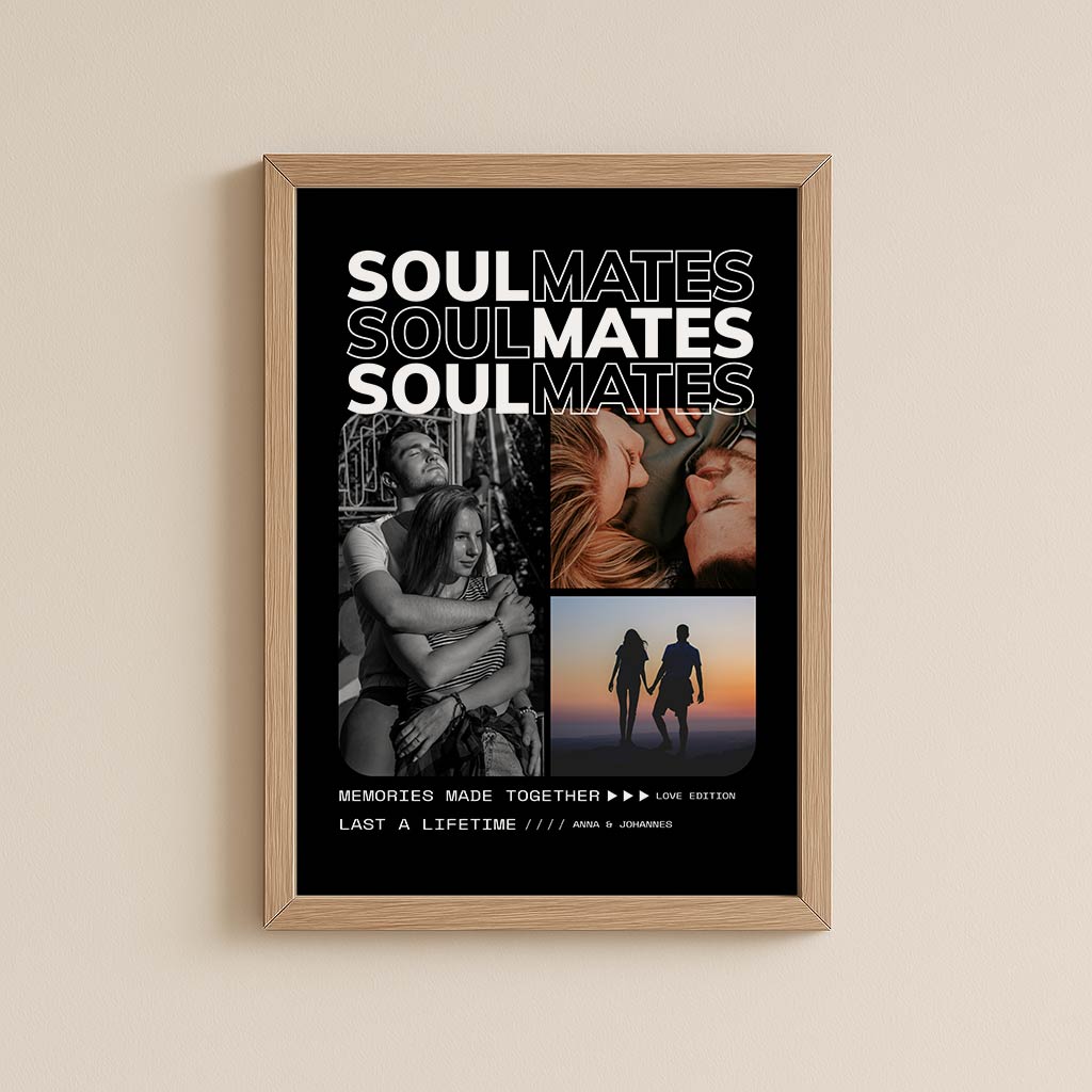 Fotocollage Soulmates - Romantisches Paarposter im Retro-Look mit drei Fotos und personalisierten Namen