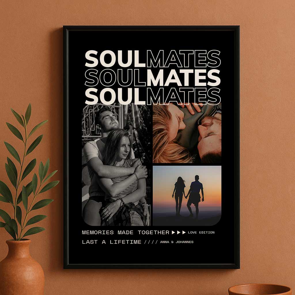 Fotoposter Soulmates - Personalisiertes Geschenk für Paare mit drei Bildern im Polaroid-Stil