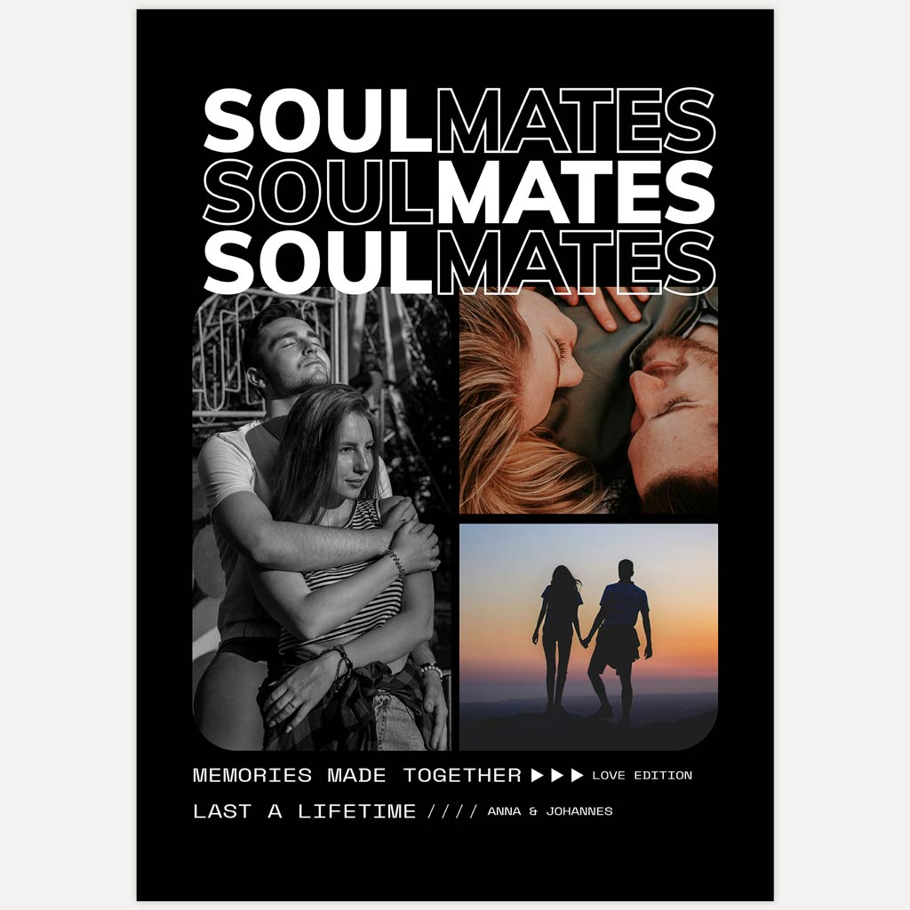 Soulmates Collage - Modernes Paarposter mit Schwarz-Weiß-Design und individuellen Namen